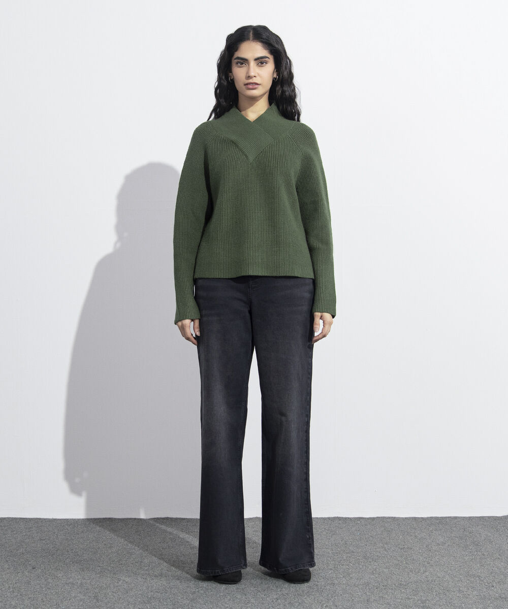 Women's Western Wear Olive Cross-Over High Neck Sweater