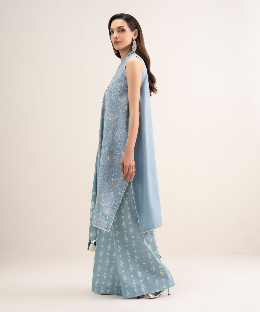 Women's Unstitched Dobby Embroidered Blue 3 Piece Suit