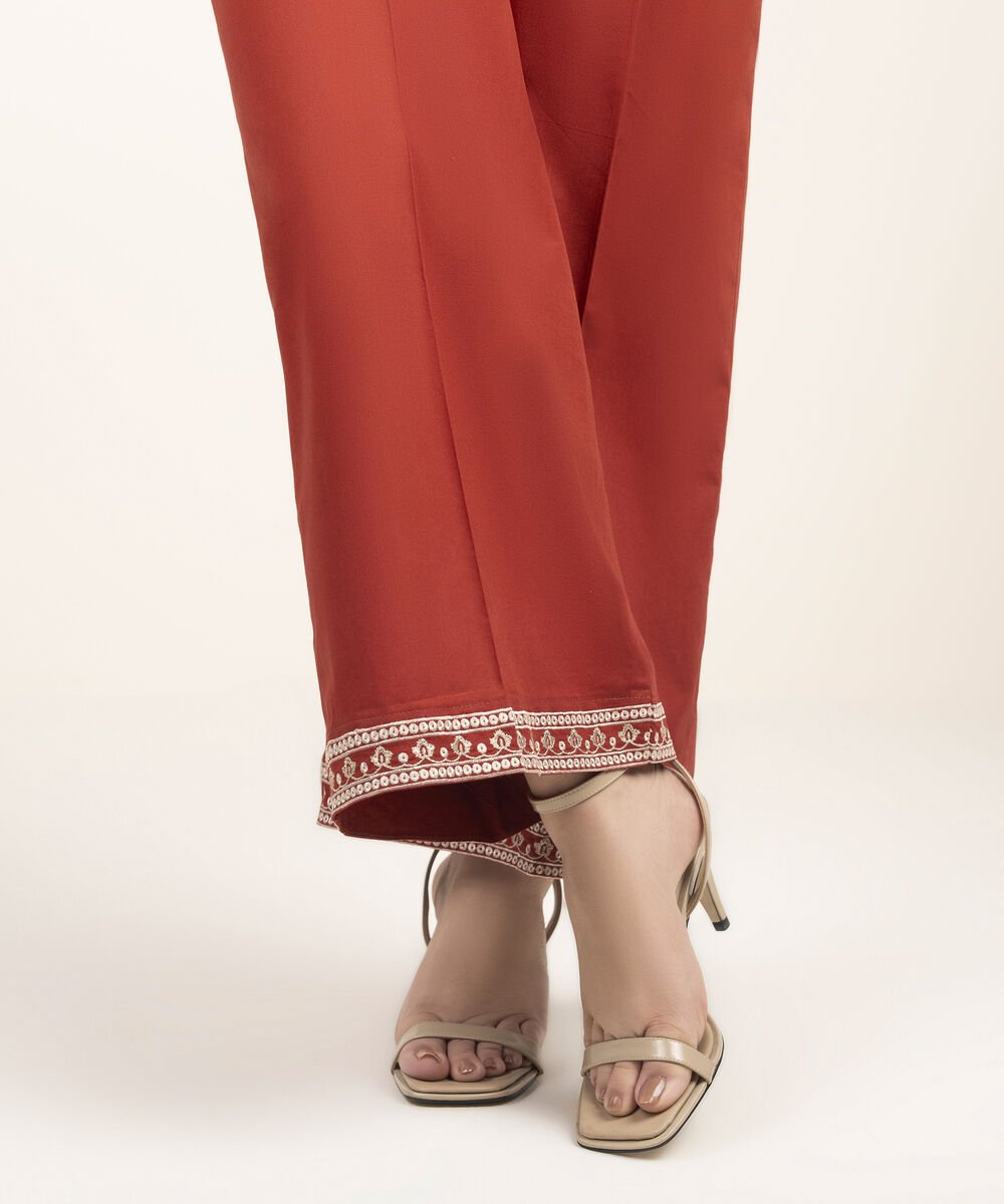 Women's RTW Cambric Embroidered Dark Orange Flared Pants