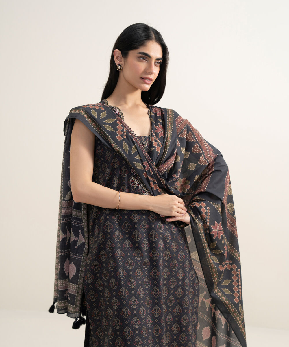 Women's Unstitched Lawn Embroidered Black 3 Piece Suit