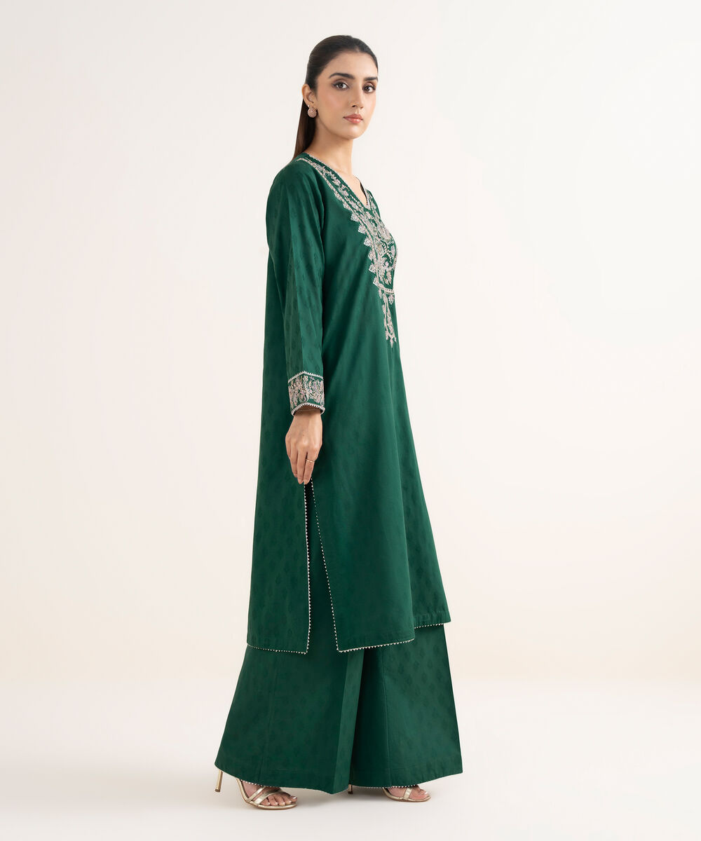 Women's RTW Self Jacquard Embroidered A-Line Green Shirt