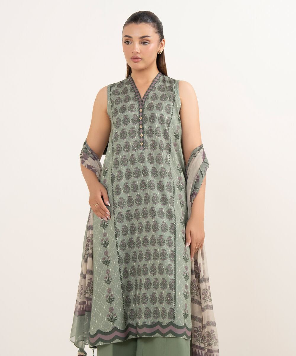 Women's Unstitched Cotton Printed Green Three Piece Suit