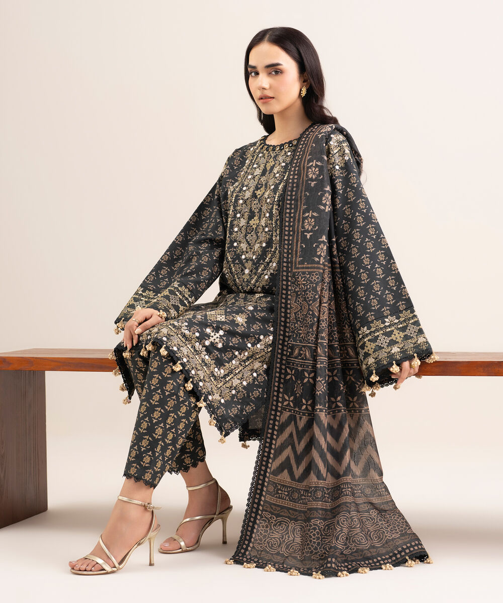 Women's Unstitched Lawn Embroidered Black 3 Piece Suit