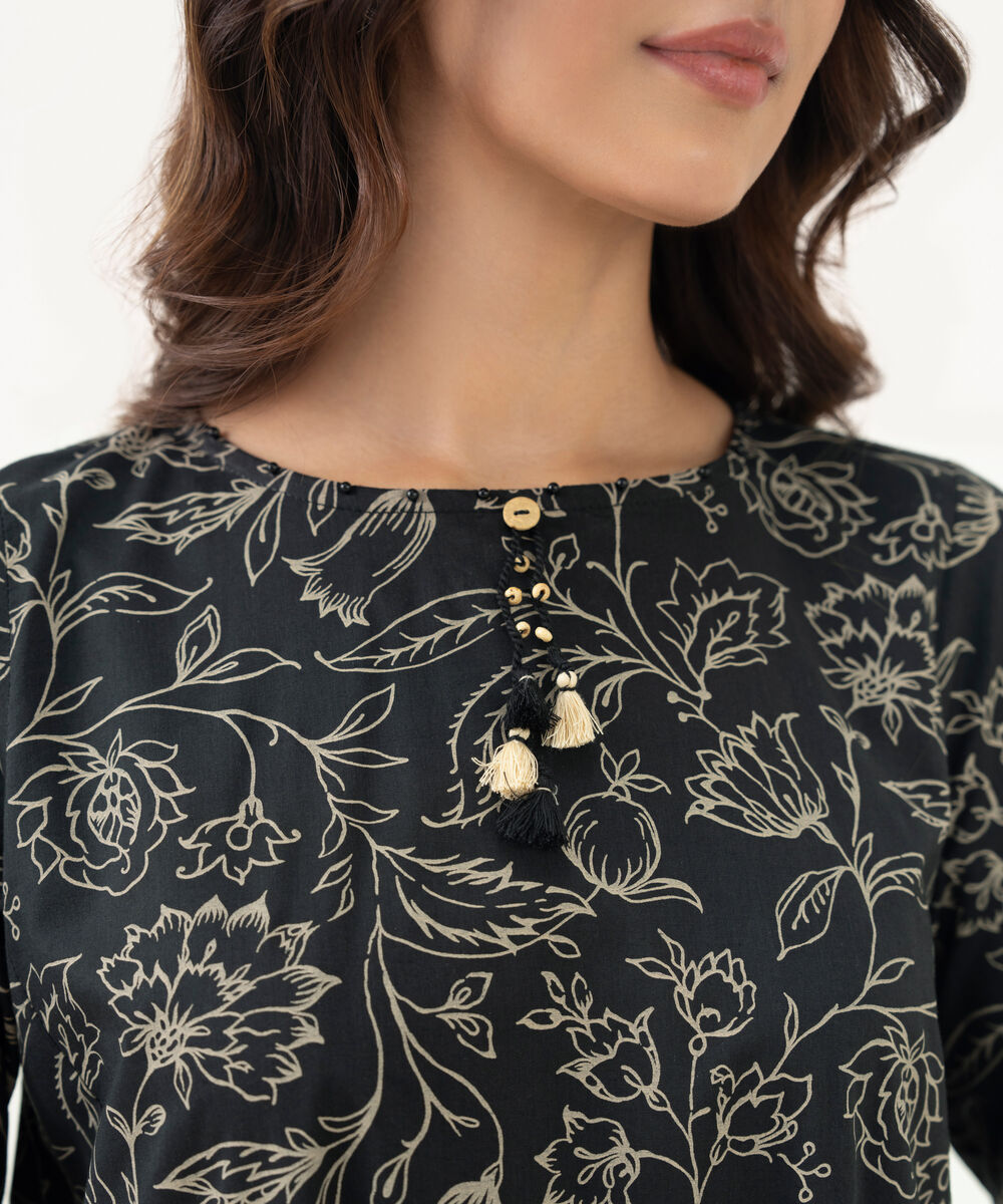 Women's RTW Cotton Viscose Printed A-Line Black Shirt