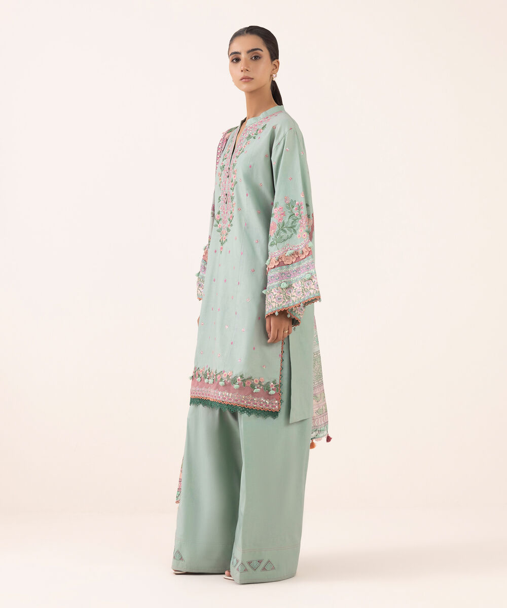 Women's Unstitched Fine Cotton Satin Embroidered Blue 3 Piece Suit