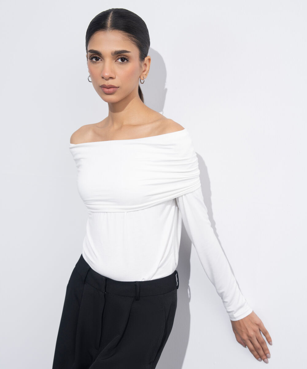 Women's Western Wear White Gathered Off-Shoulder Top