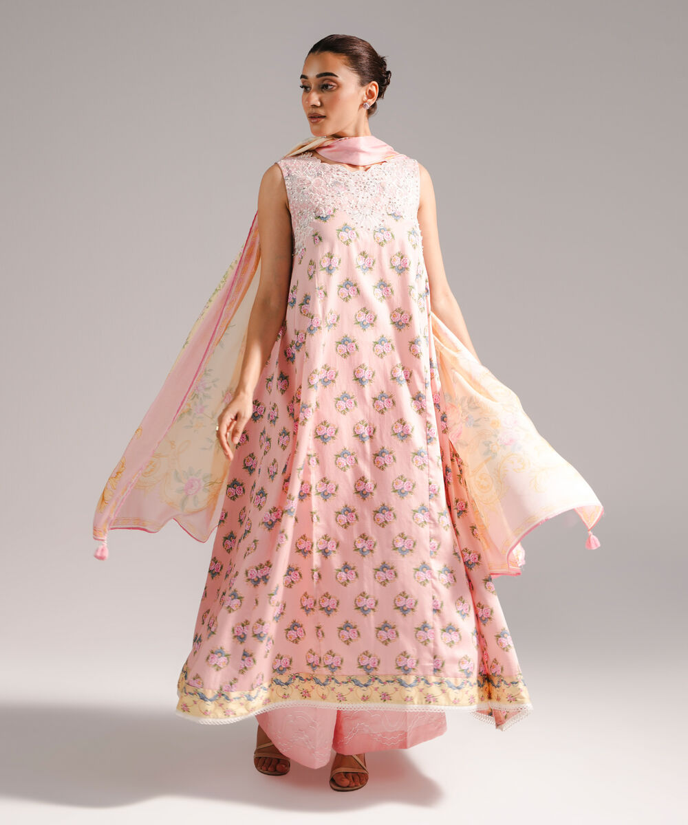 Women's RTW Cotton Satin Embroidered Pink 3 Piece Suit