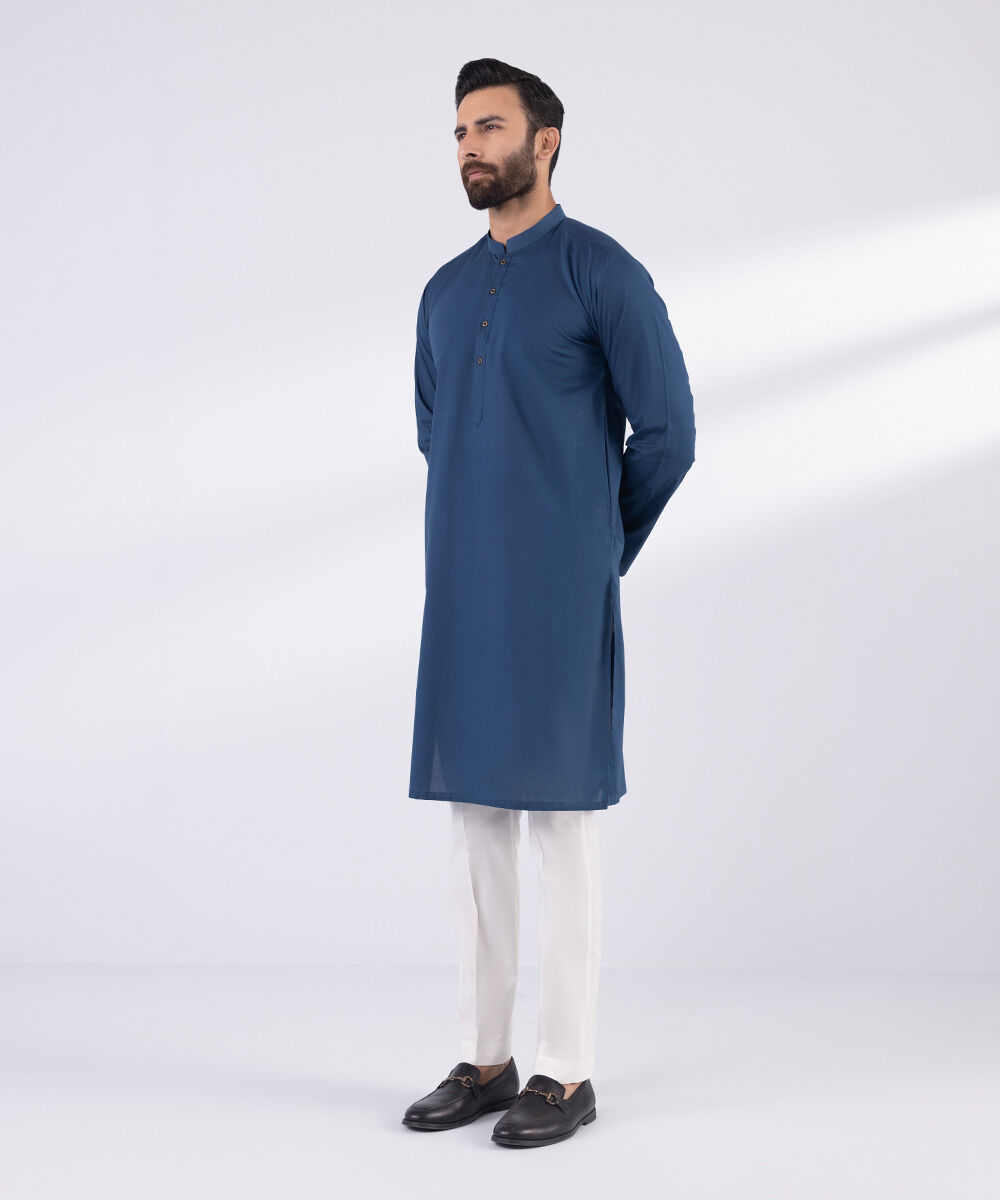 Men's Blended Stitched Plain Blue Kurta