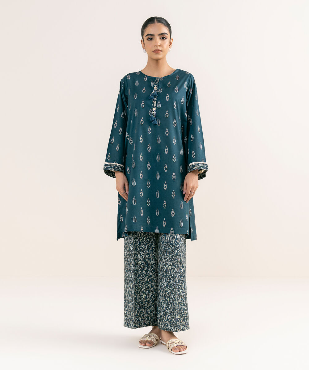 Women's RTW Textured Lawn Blue Printed A-Line Shirt
