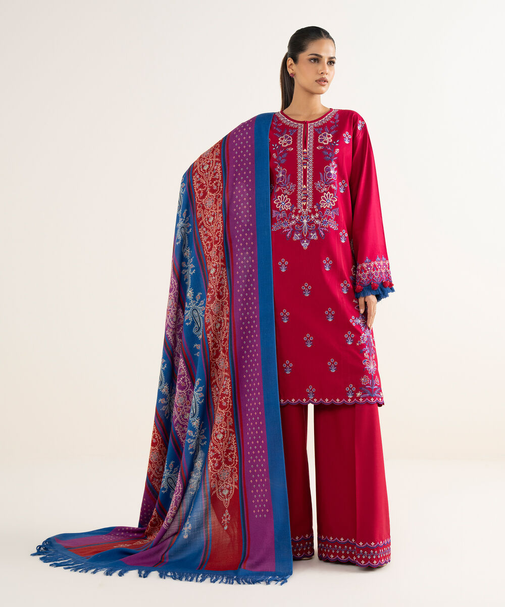 Women's Unstitched Twill Embroidered Red 3 Piece Suit