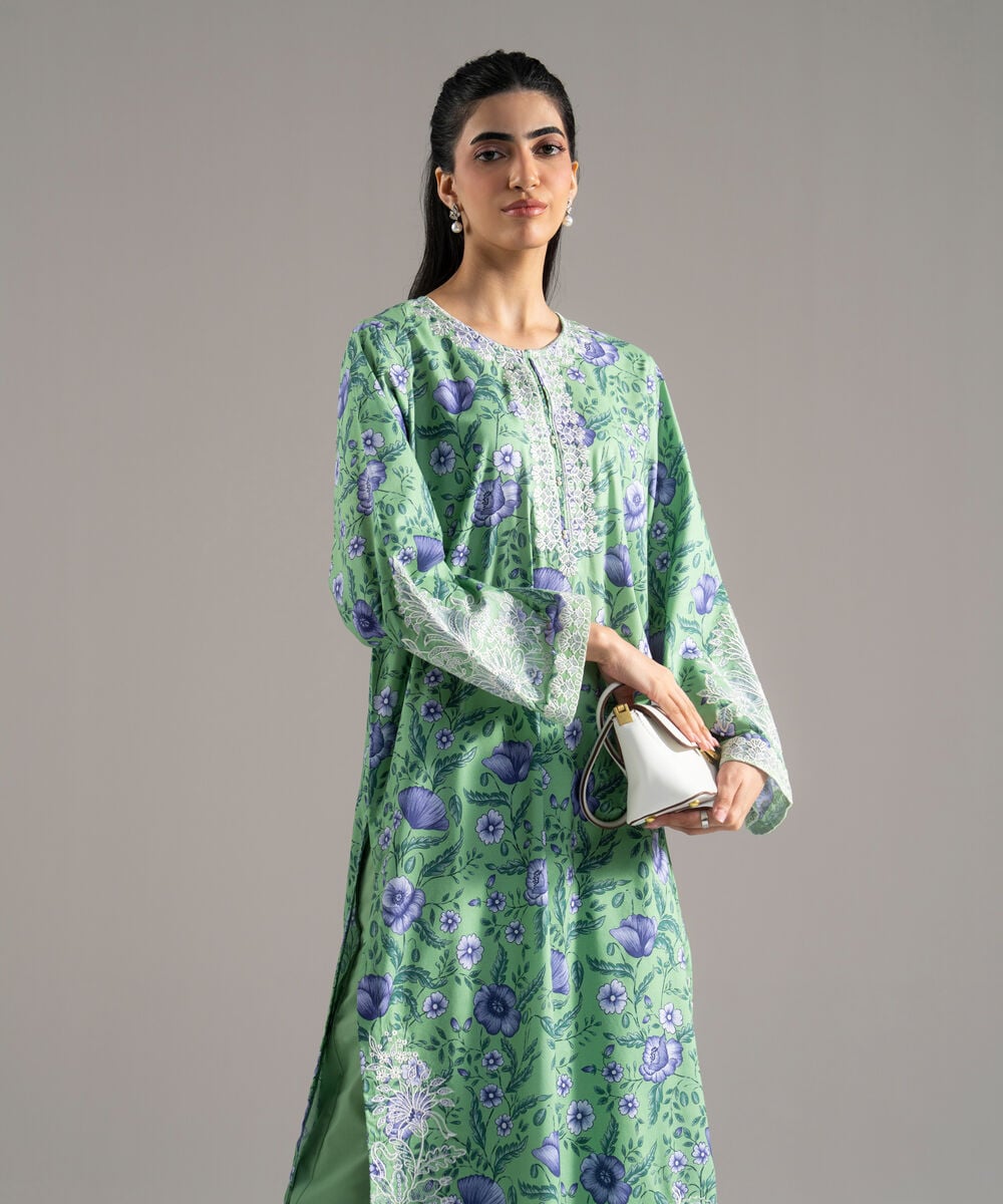 Women's RTW Cotton Viscose Printed Embroidered Green 2 Piece Suit
