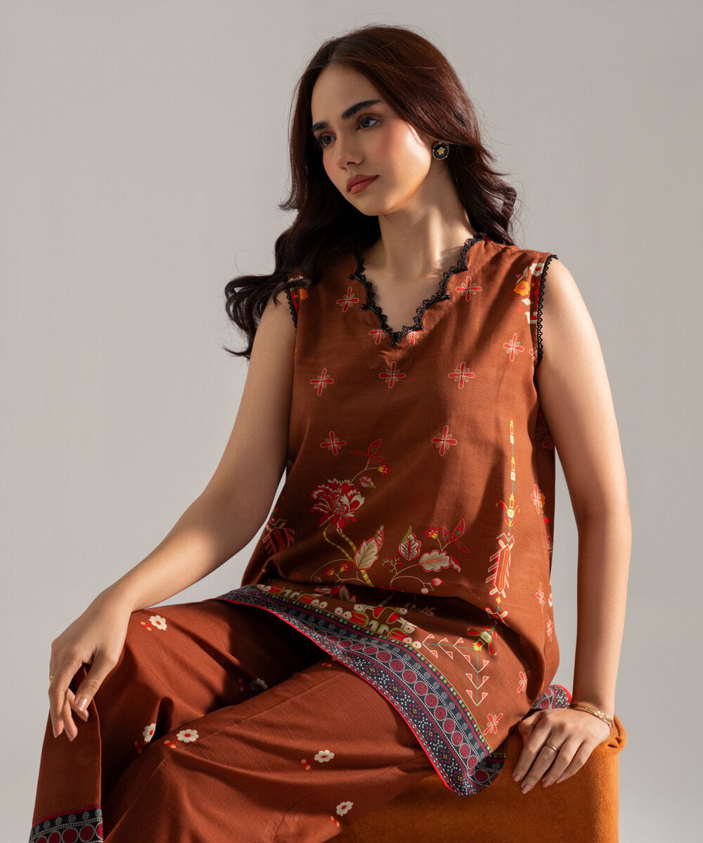 Women's RTW Printed Brown Khaddar Shirt