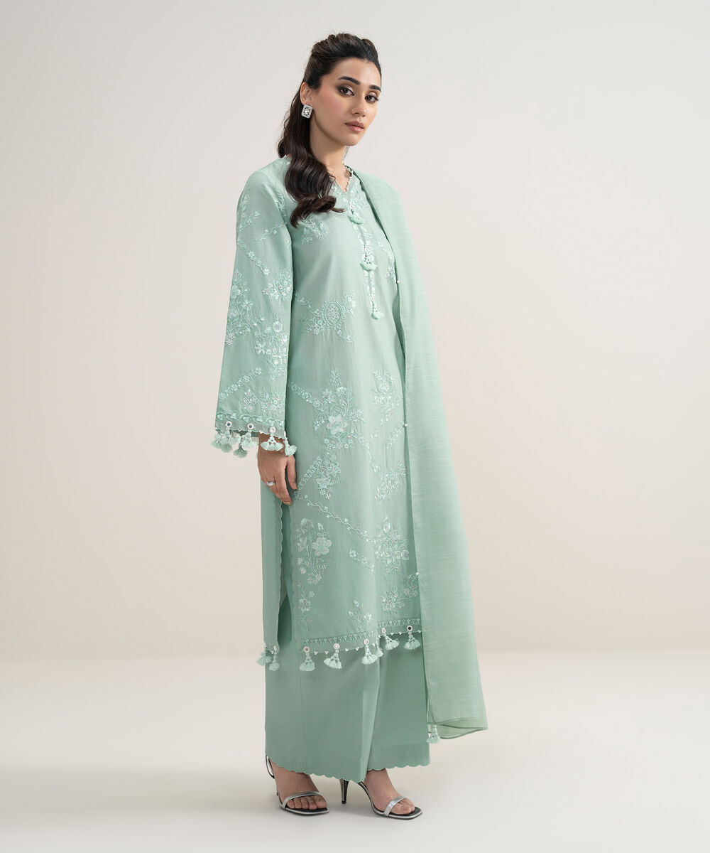 Women's Unstitched Textured Lawn Embroidered Green 3 Piece Suit