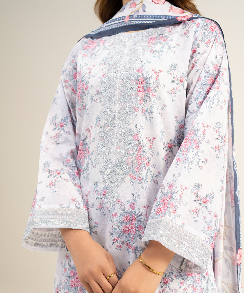 Women's Unstitched Lawn Embroidered Light Gray 3 Piece Suit