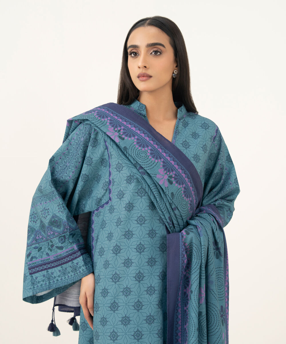 Women's Unstitched Printed Linen Blue 3 Piece Suit