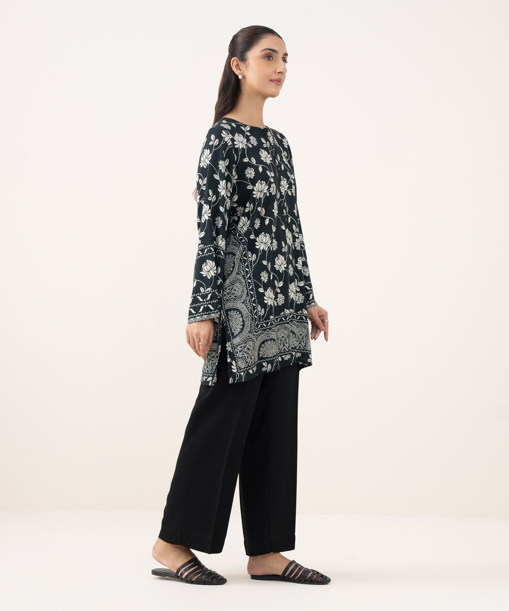 Women's RTW Linen Viscose Printed Black Straight Shirt