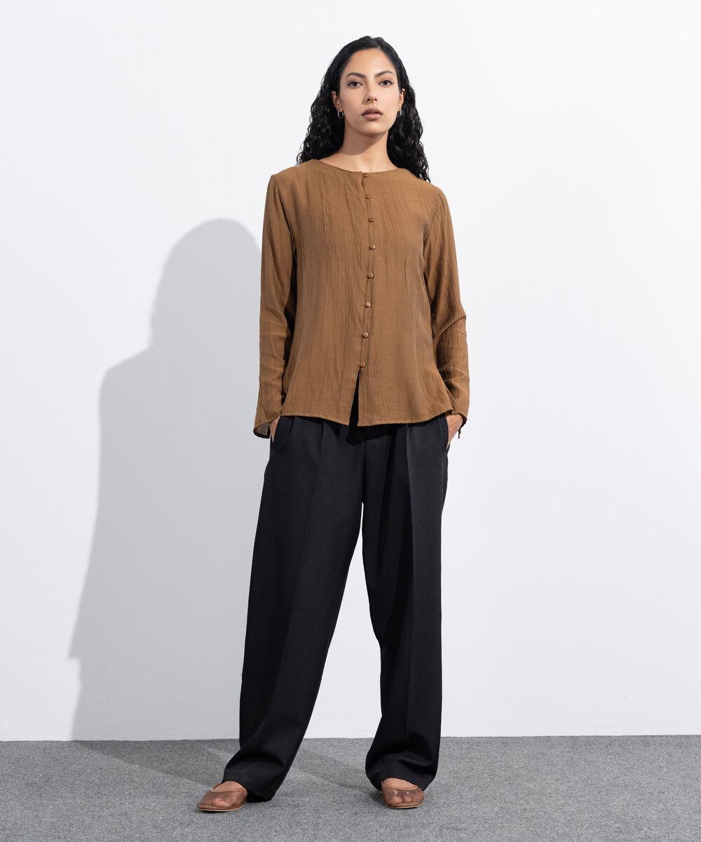 Women's Western Wear Brown Regular-Fit Textured Top