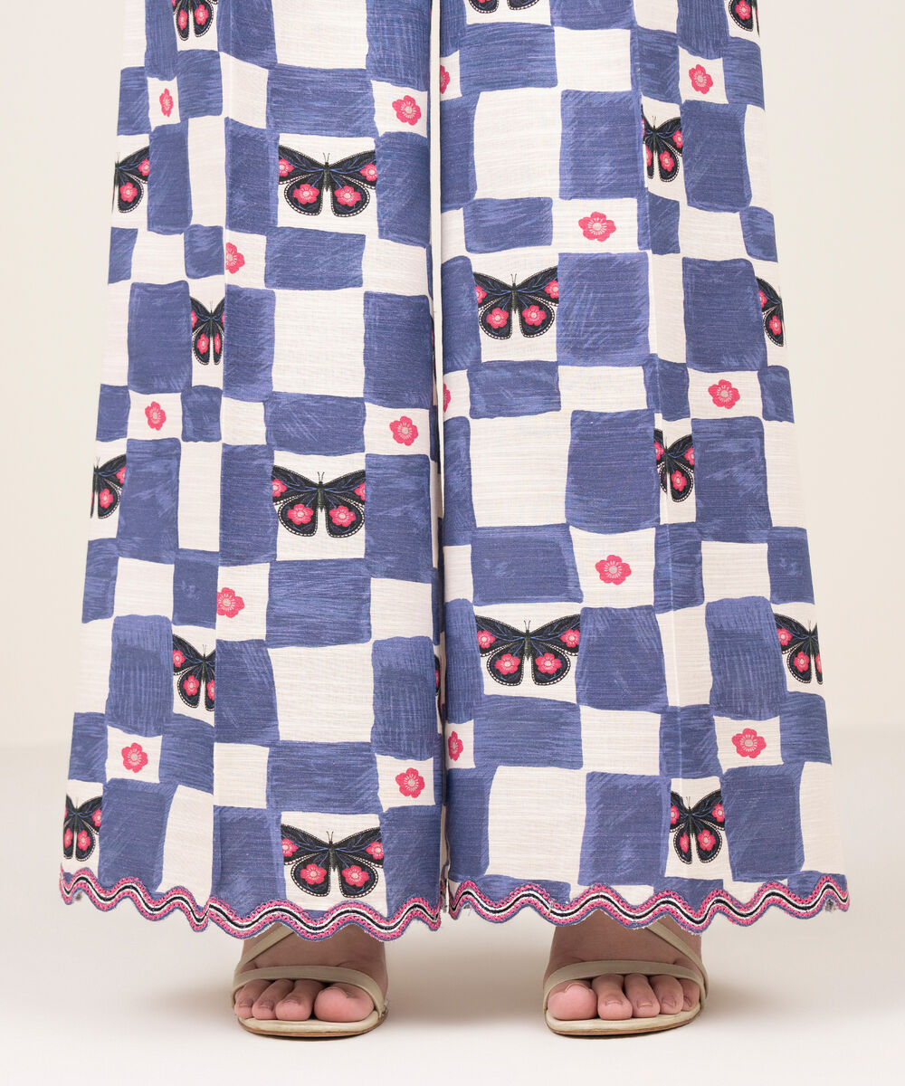 Women's RTW Khaddar Embroidered Blue Flared Pants