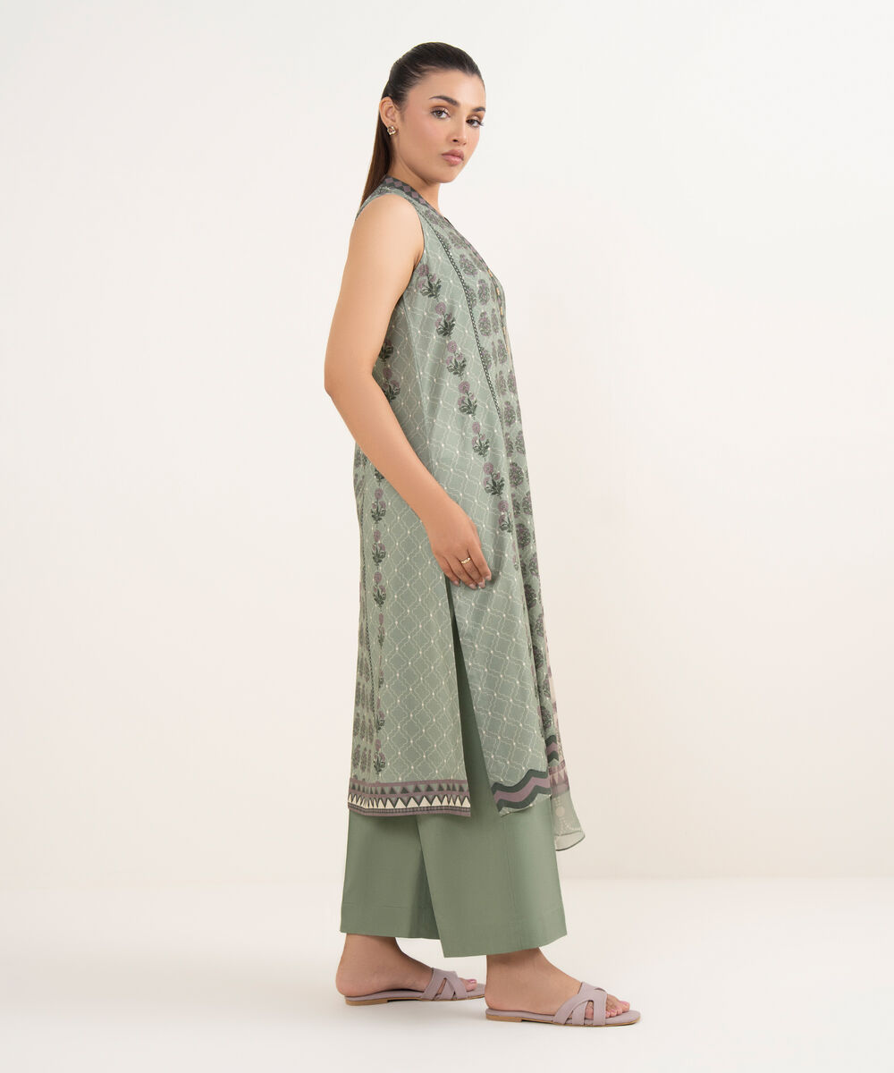 Women's Unstitched Cotton Printed Green Three Piece Suit