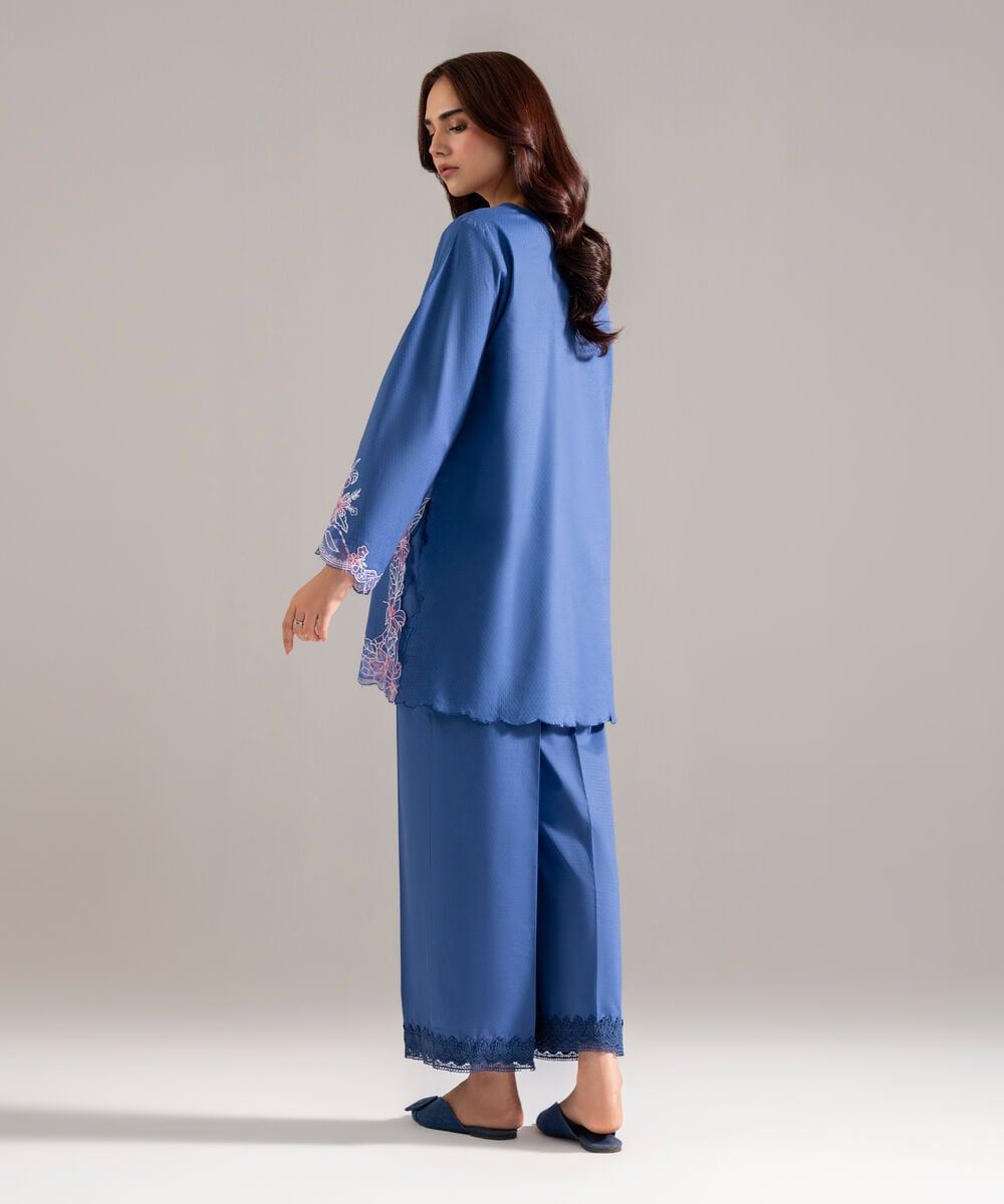 Women's RTW Dobby Solid Embroidered Blue Straight Shirt