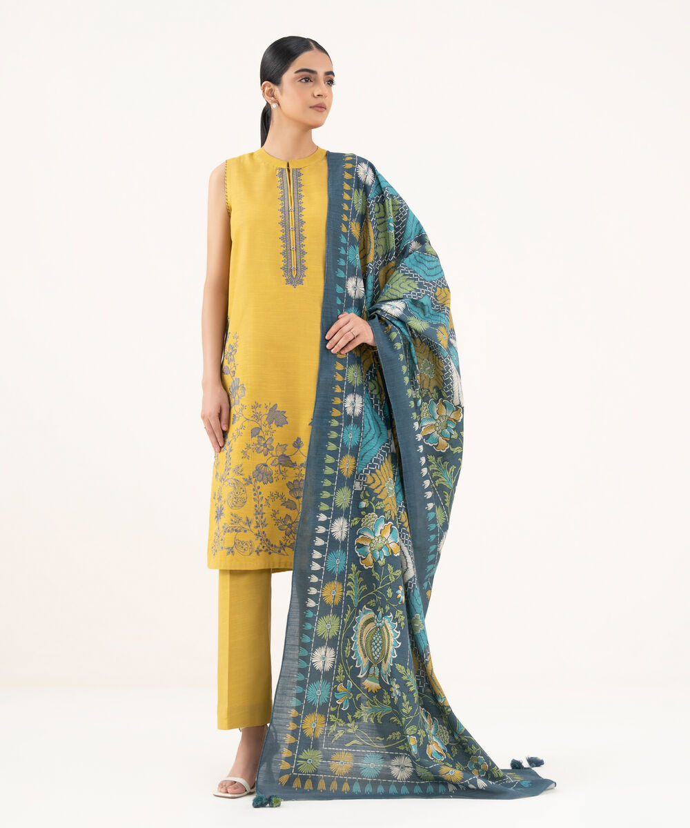 Women's Unstitched Khaddar Embroidered Yellow 3 Piece Suit