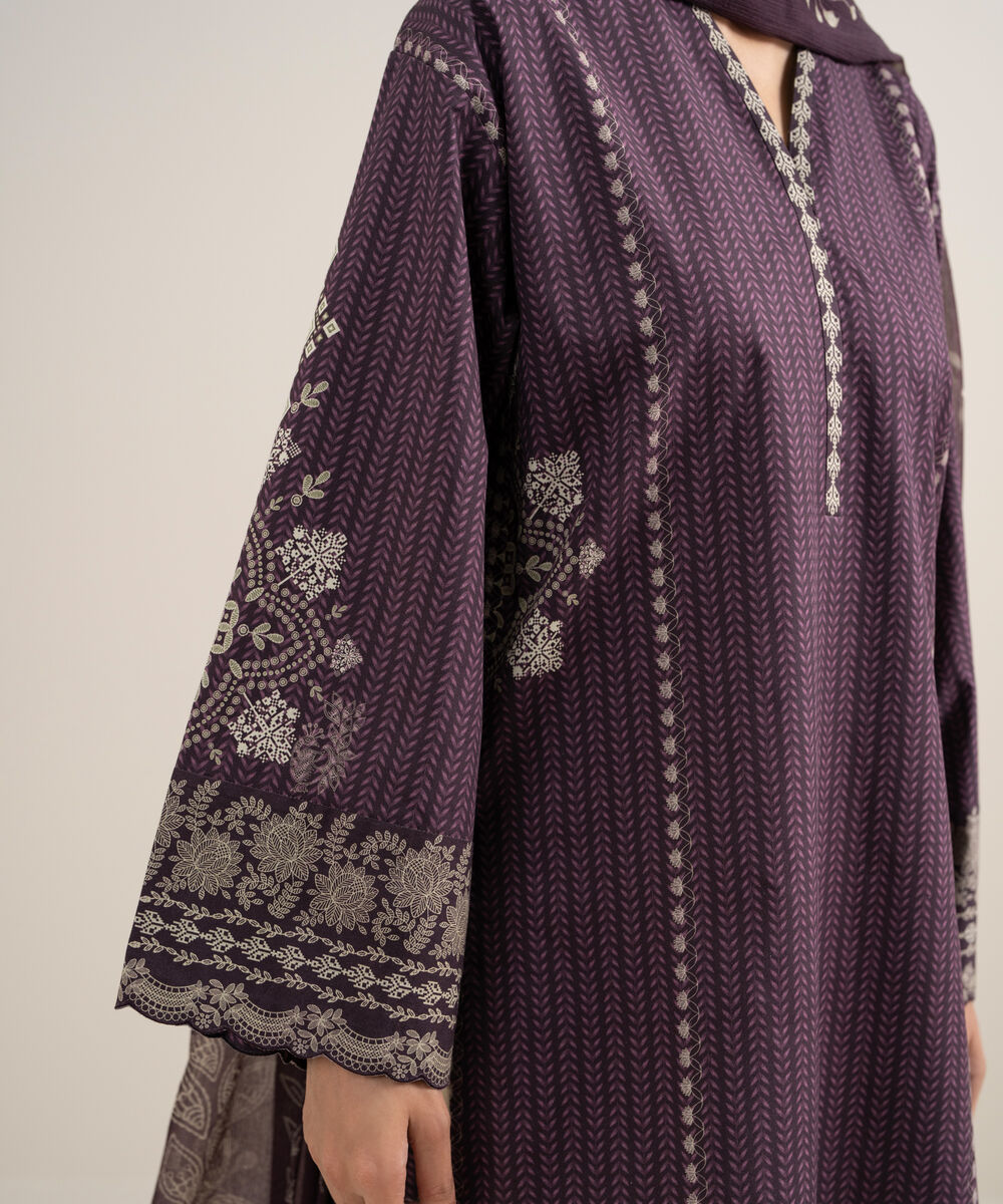 Women's Unstitched Cotton Printed Purple 3 Piece Suit