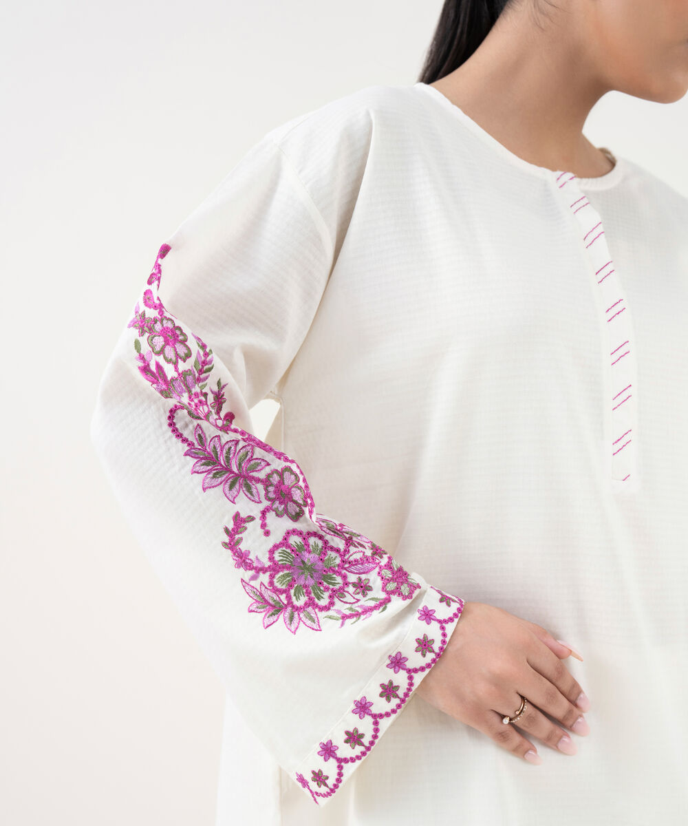 Women's RTW Textured Lawn Off White Embroidered Drop Shoulder Shirt
