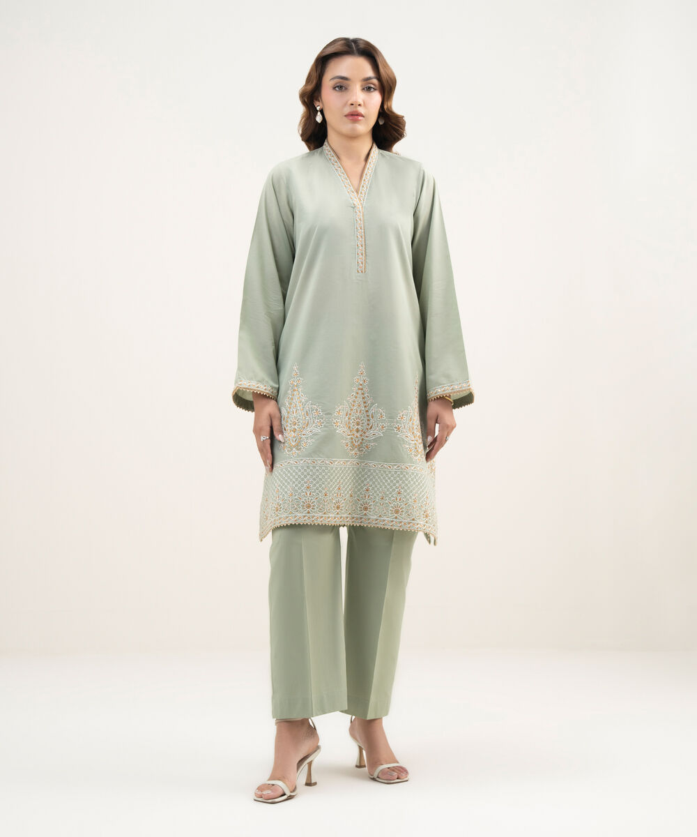Women's RTW Zari Lawn Embroidered Green A-Line Shirt