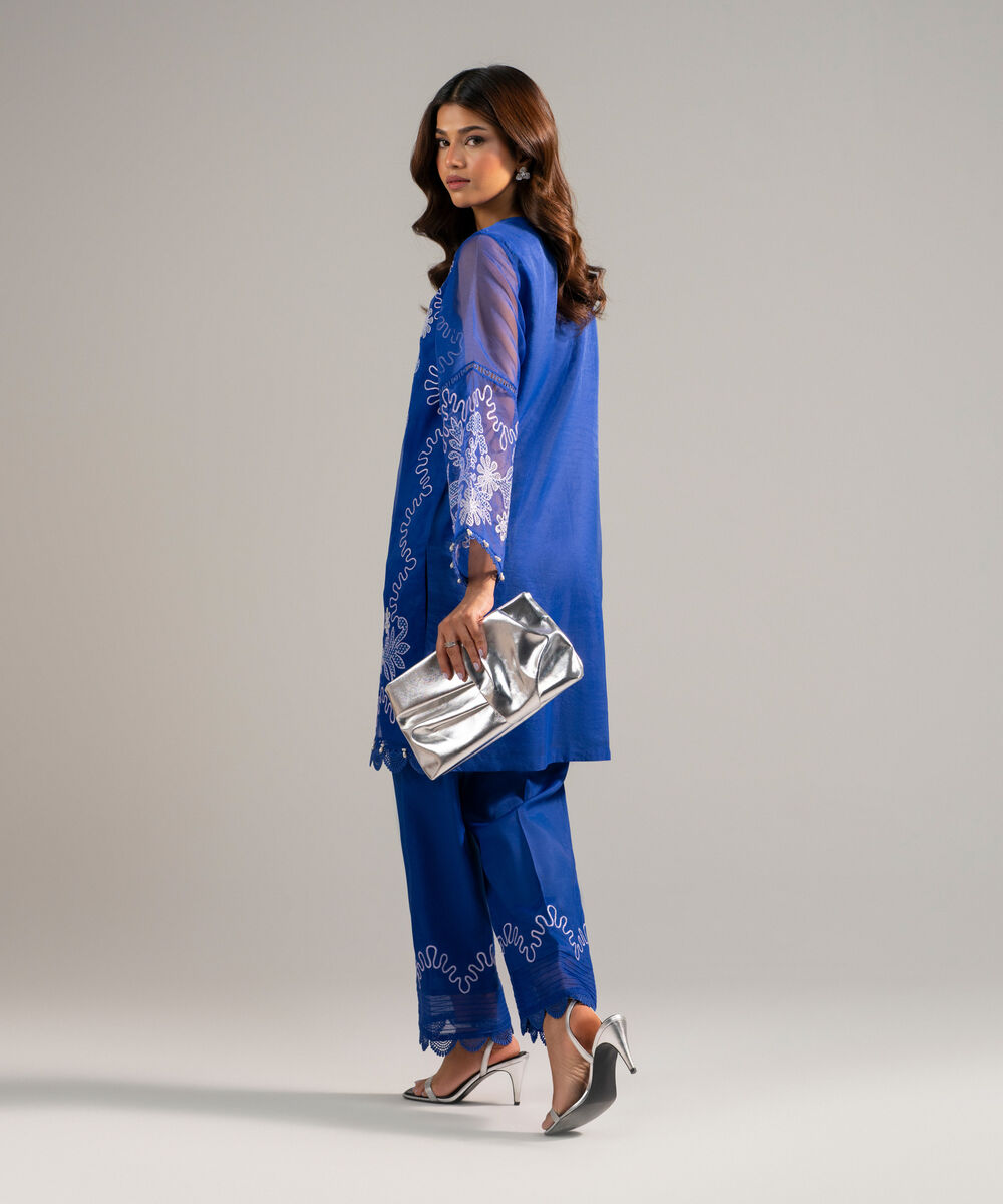 Women's RTW Blended Organza Embroidered Blue 2 Piece Suit