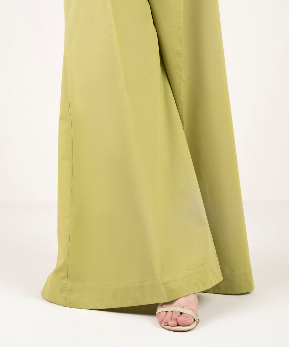 Women's RTW Cambric Solid Green Flared Pants
