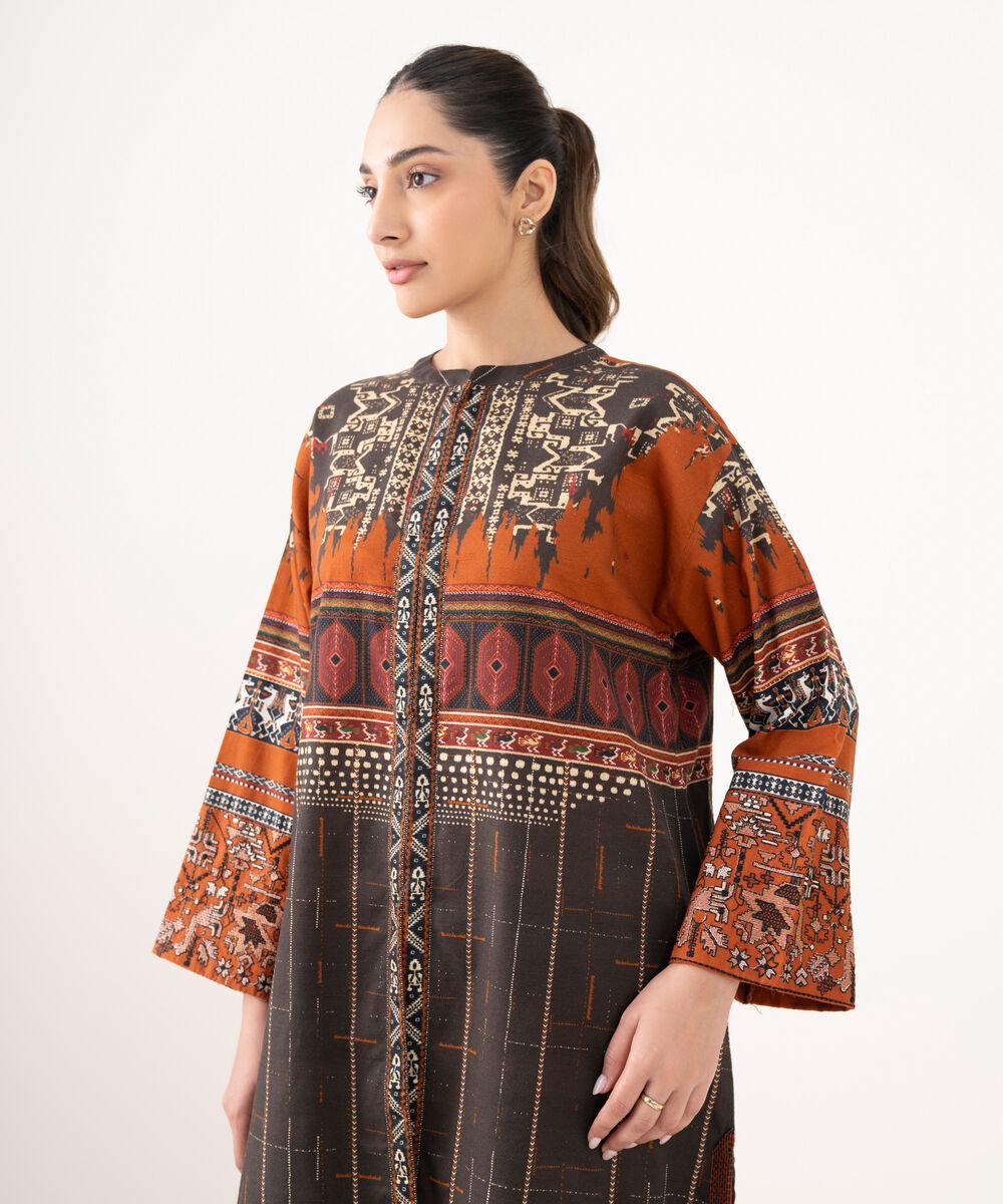Women's RTW Cotton Embroidered Brown Drop Shoulder Shirt