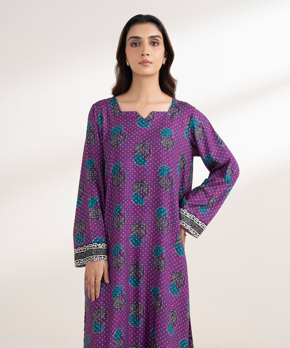 Women's RTW Viscose Linen Printed Straight Purple Shirt