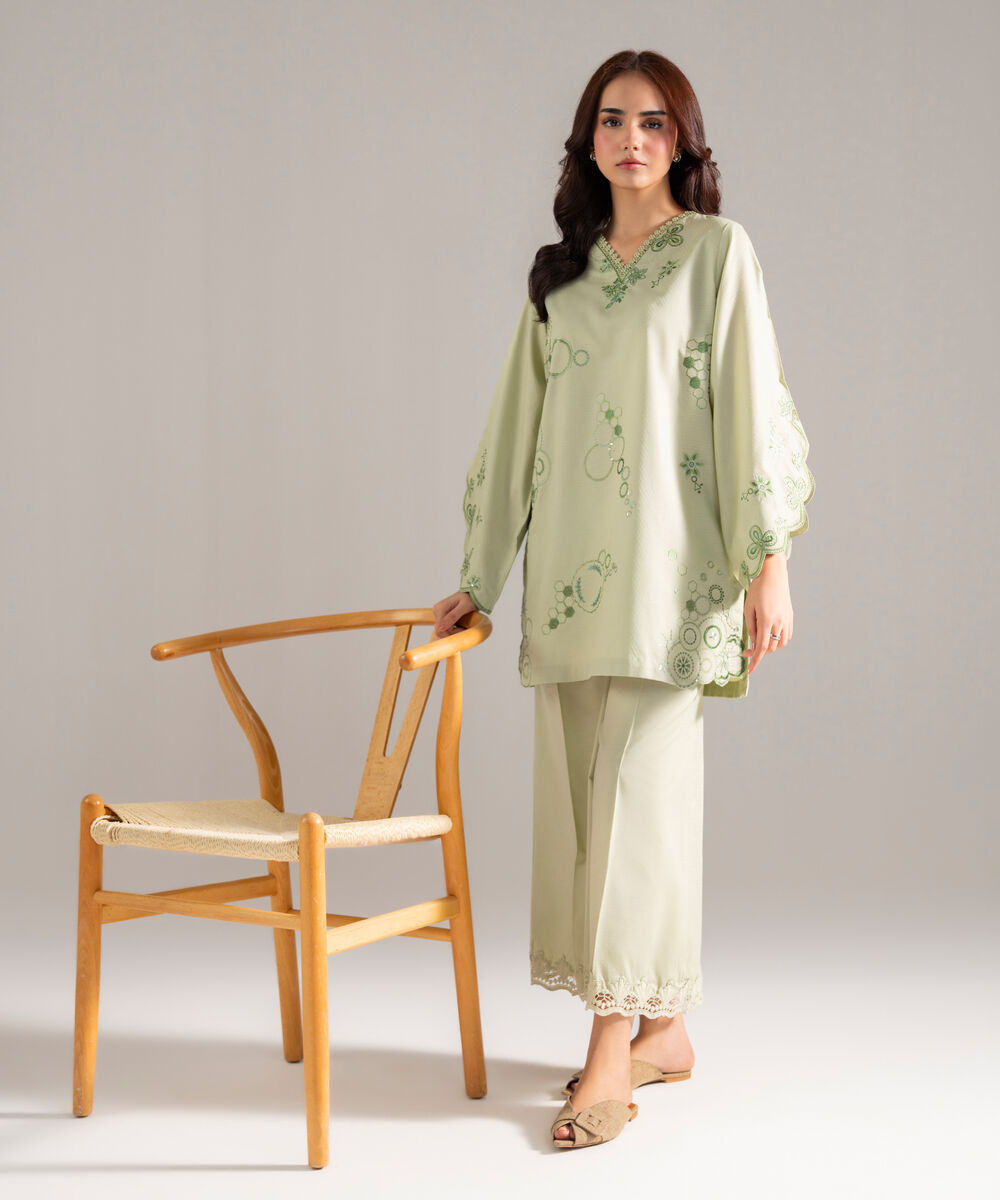 Women's RTW Dobby Solid Embroidered Green Straight Shirt