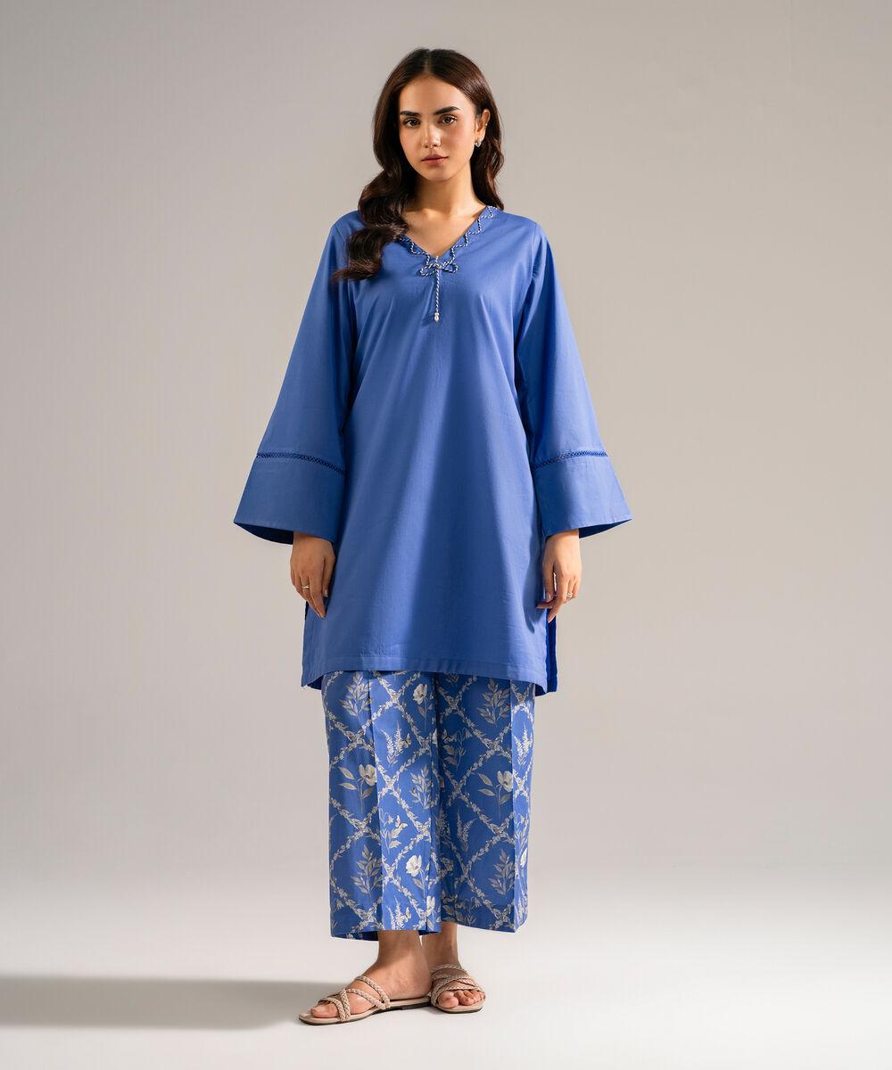 Women's RTW Cambric Solid Blue Straight Shirt