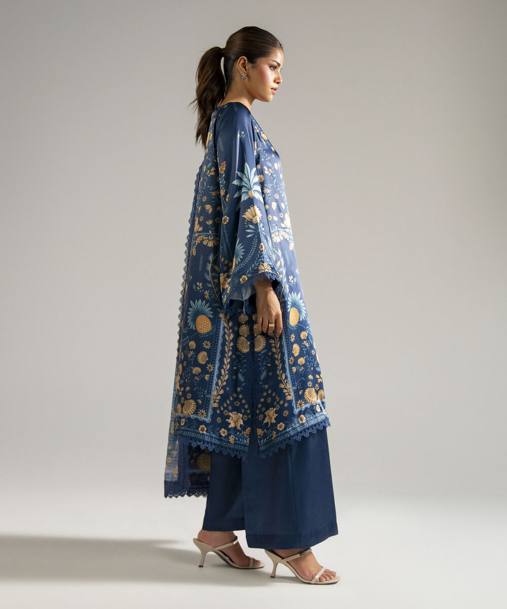 Women's RTW Blended Satin Printed Blue 3 Piece Suit