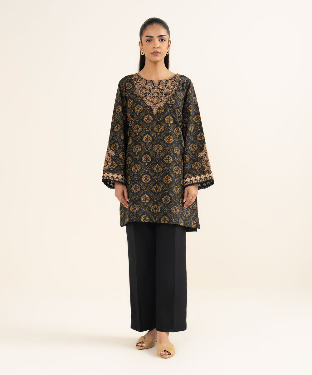 Women's RTW Khaddar Embroidered Black A-Line Shirt