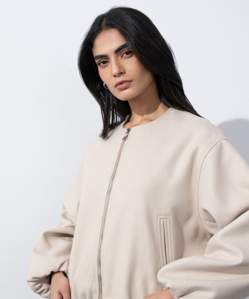 Women's Western Wear Beige Zip-Up Puffed Jacket