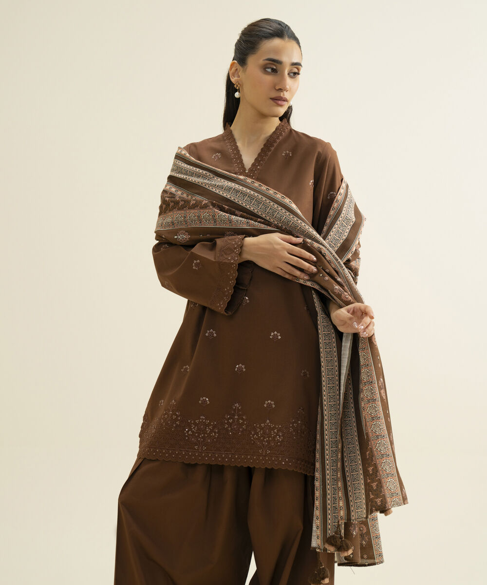 Women's Unstitched Lawn Embroidered Brown 3 Piece Suit