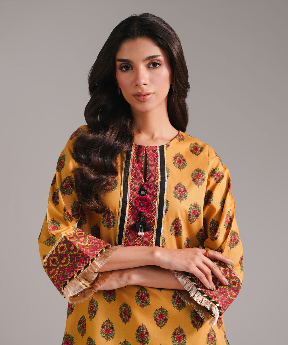 Women's RTW Textured Cotton Printed Mustard 2 Piece Suit