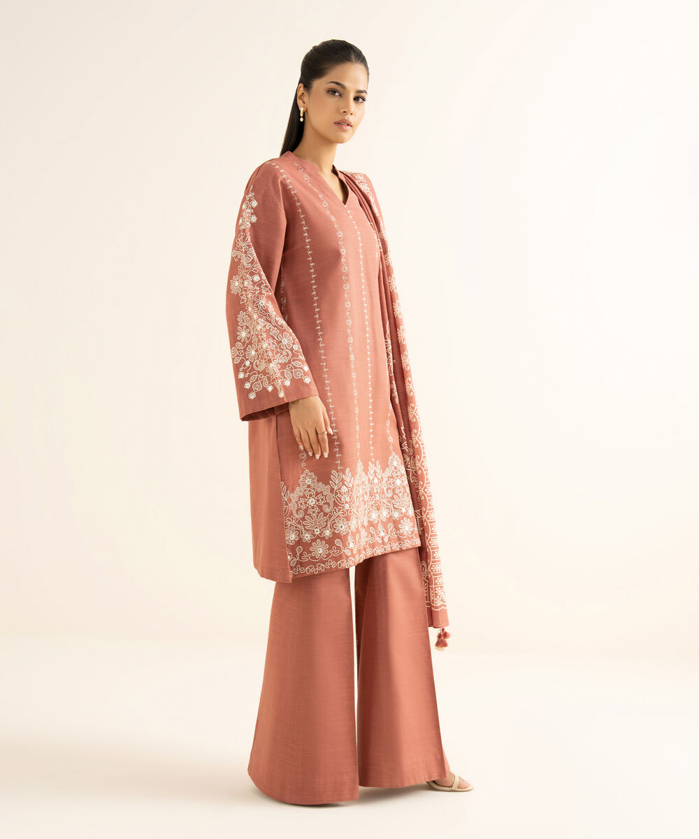 Women's Unstitched Cotton Embroidered Pink 3 Piece Suit