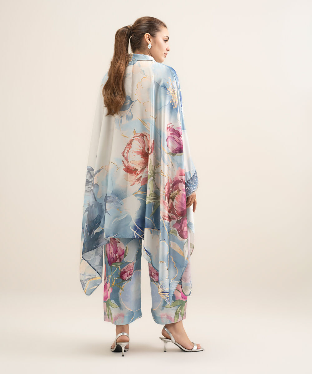 Women's RTW Blended Satin Printed Multi 2 Piece Suit