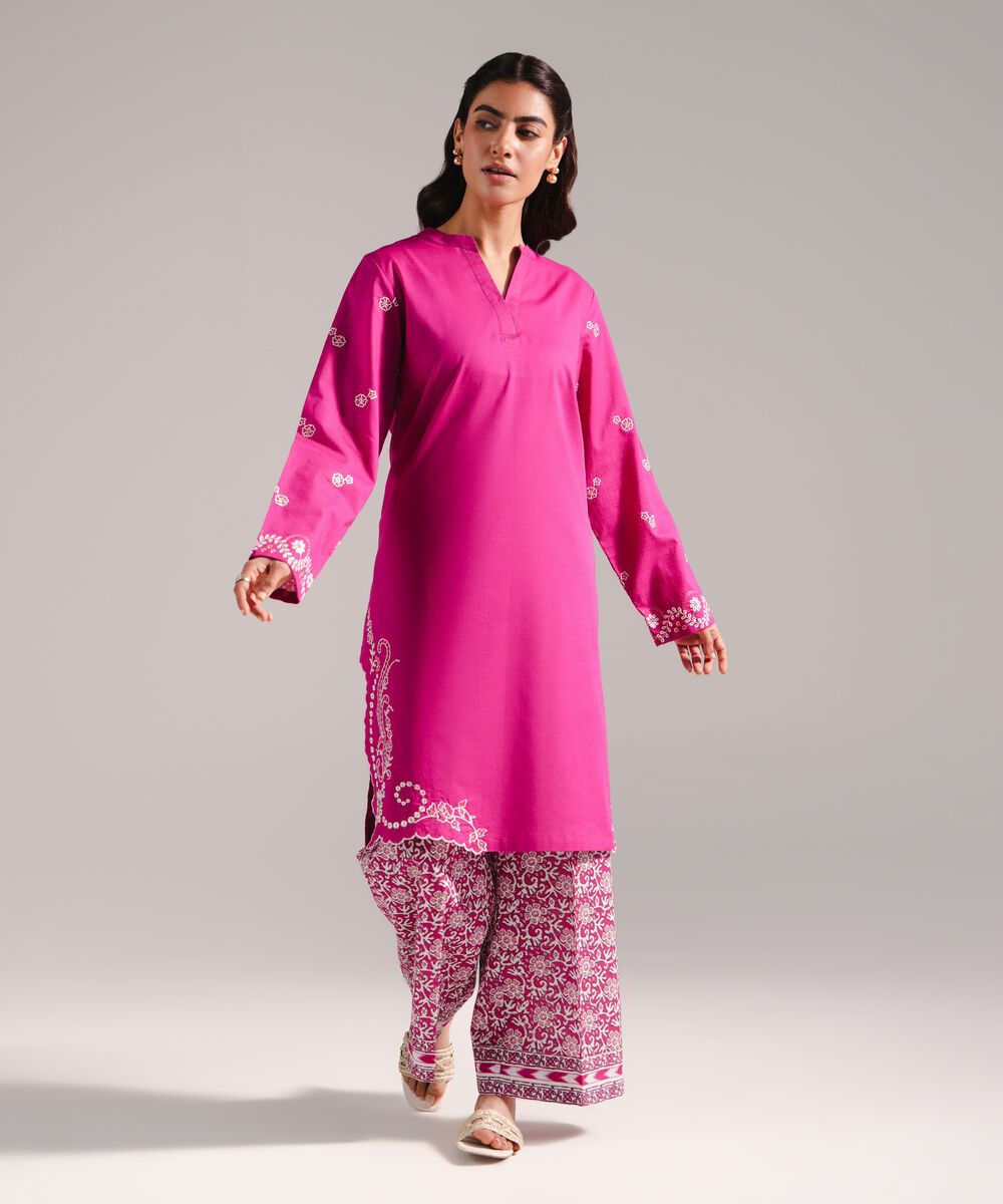 Women's RTW Crosshatch Embroidered Pink Straight Shirt