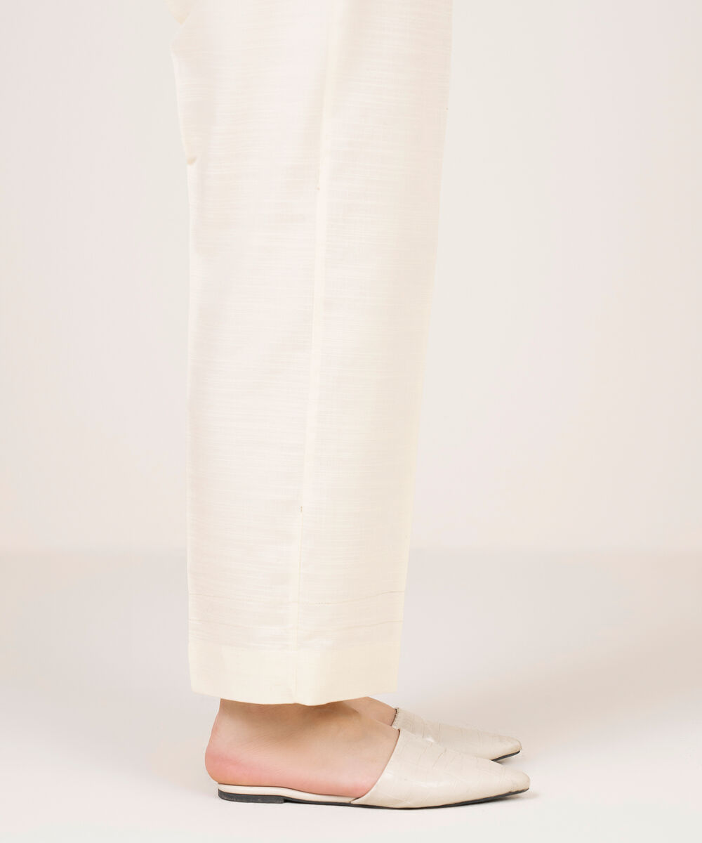 Women's RTW Light Khaddar Solid Off White Straight Pants