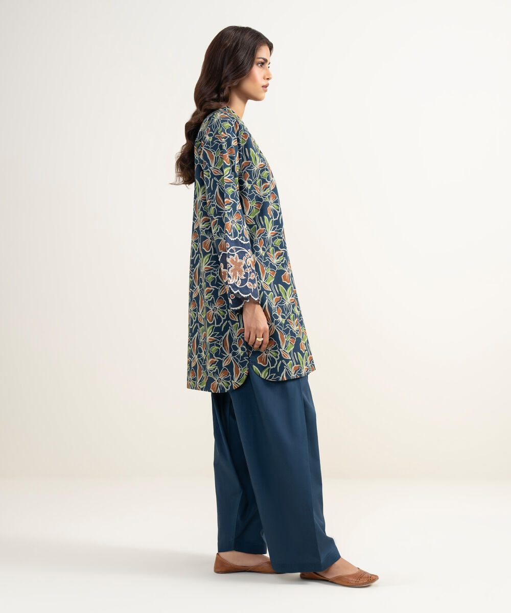 Women's Unstitched Lawn Embroidered Blue 2 Piece Suit
