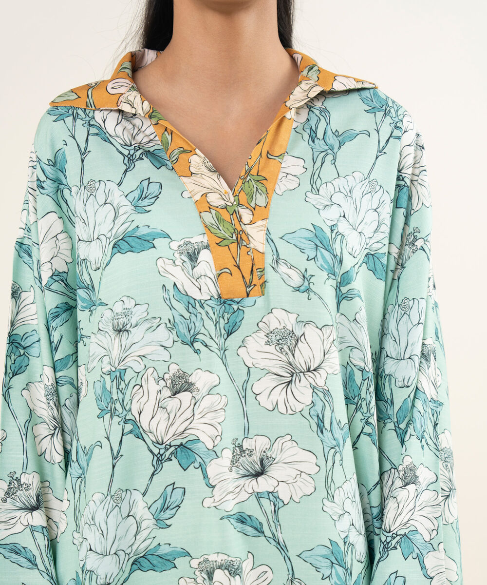 Women's RTW Herringbone Printed Turquoise Straight Shirt