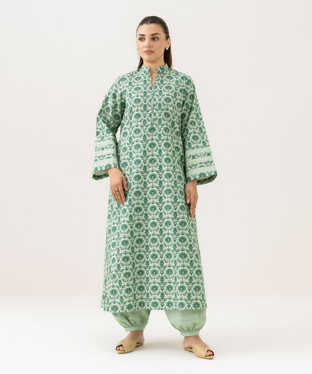 Women's Unstitched Khaddar Printed Green 2 Piece Suit