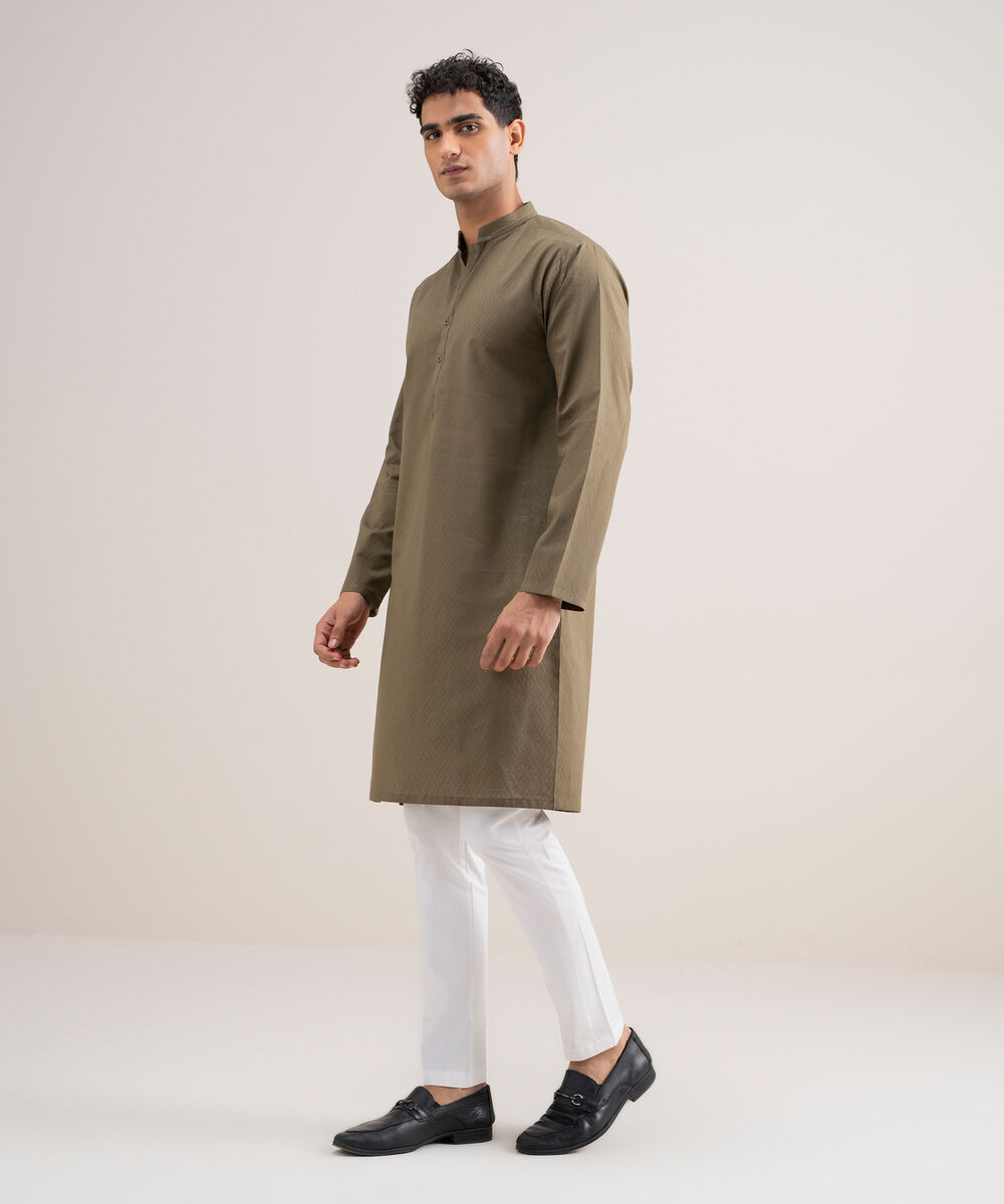 Men's Stitched Cotton Jacquard Olive Kurta