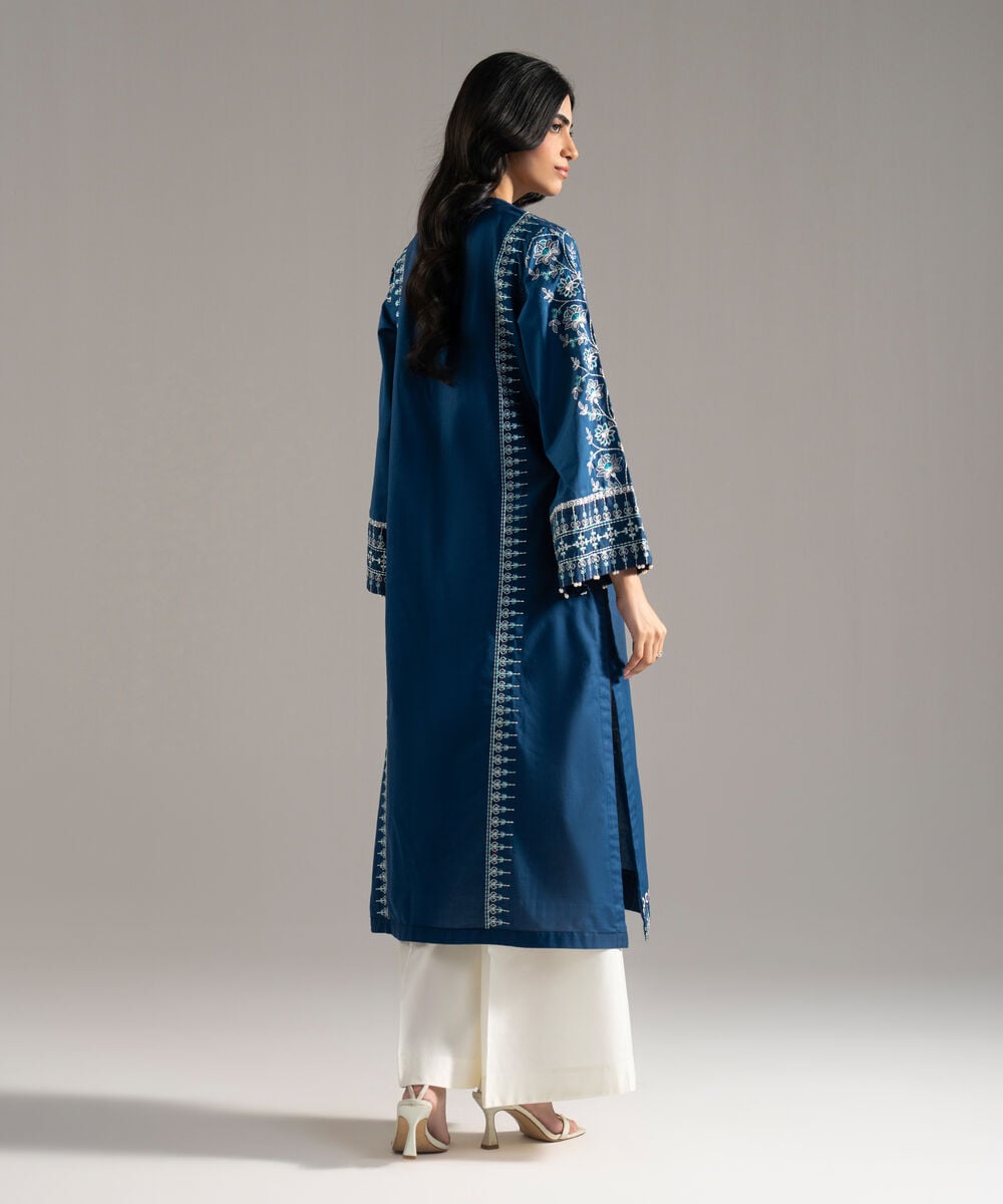 Women's RTW Solid Embroidered Cambric Blue A-Line Shirt