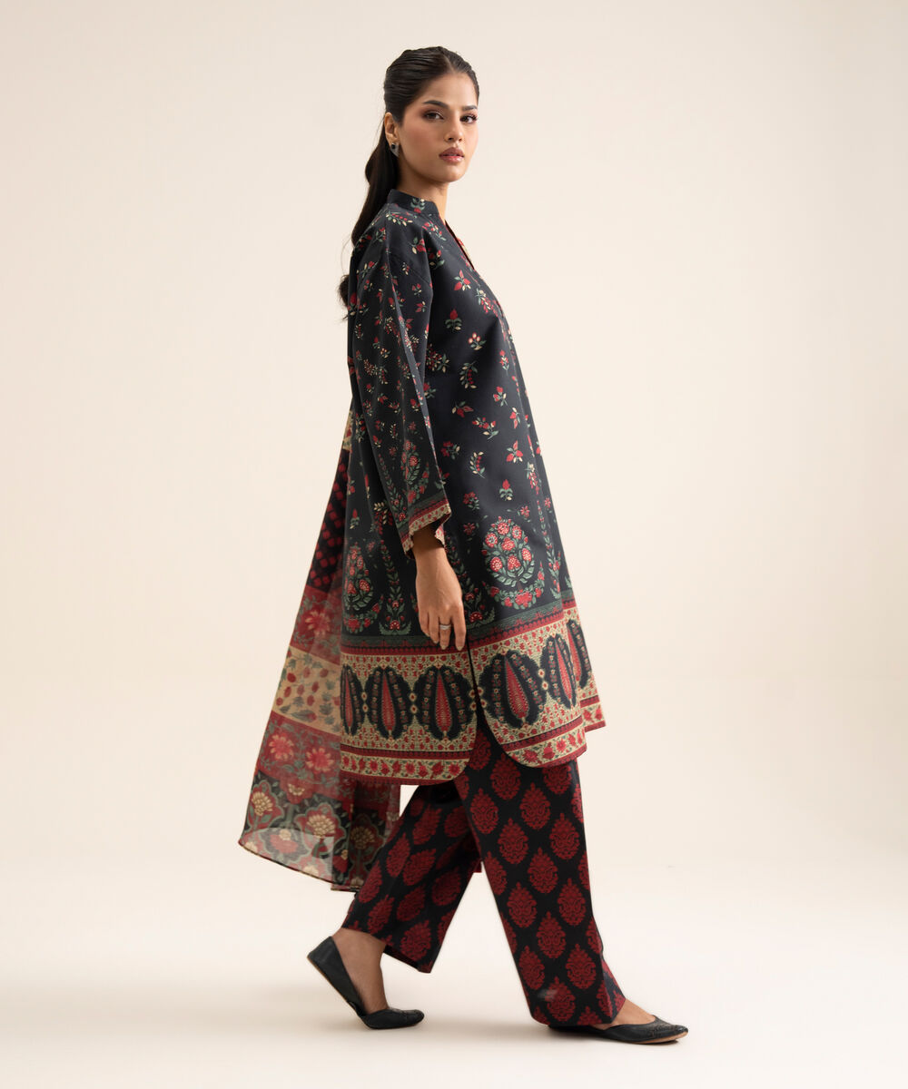 Women's Unstitched Premium Khaddar Printed Black 3 Piece Suit