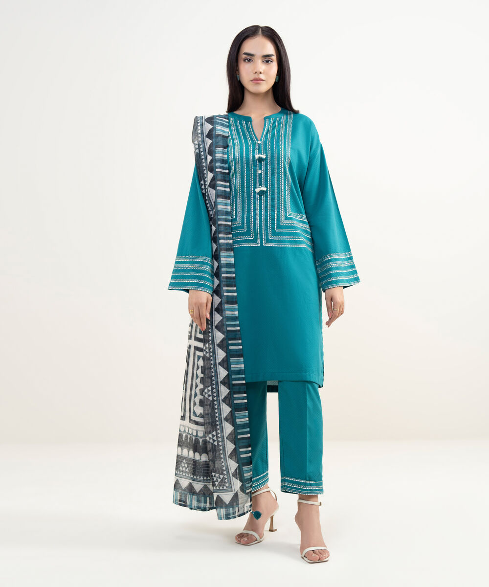 Women's RTW Dobby Embroidered Green Drop Shoulder Shirt